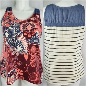 Sonoma Life + Style Coral Blue Cream Tank TOP Womens Size XL Floral Stripe